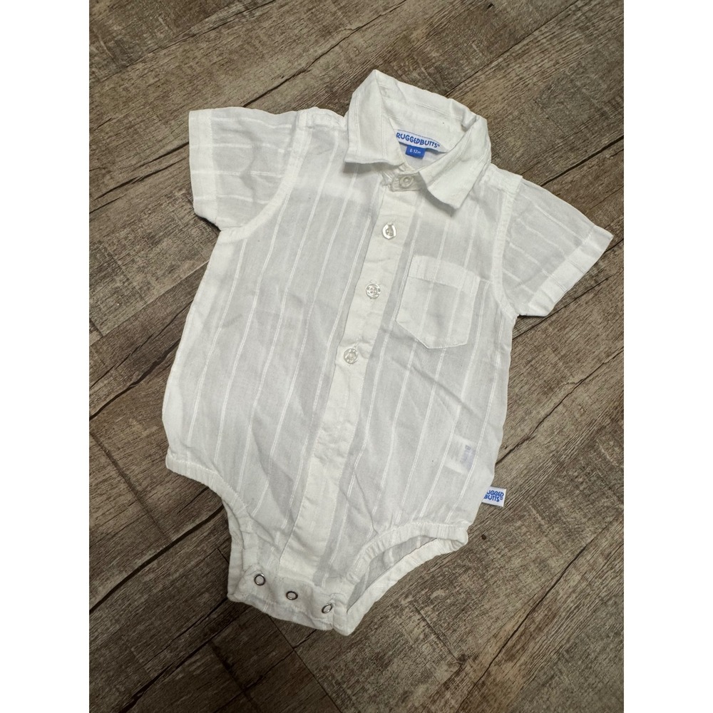 RuggedButts Baby Boys White Dobby Stripe Short Sleeve Button Down Bodysuit 6-12M